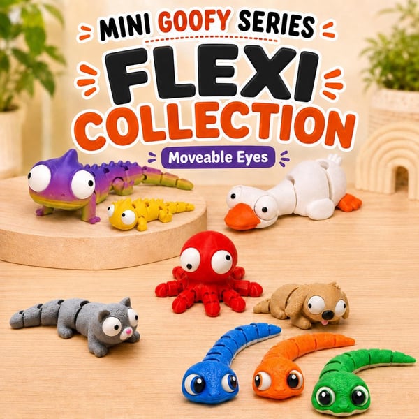 Flexi Goofy Series 3D Printed Animal Toy, Wiggling Desk Buddy, Fidget, Random Spin Option